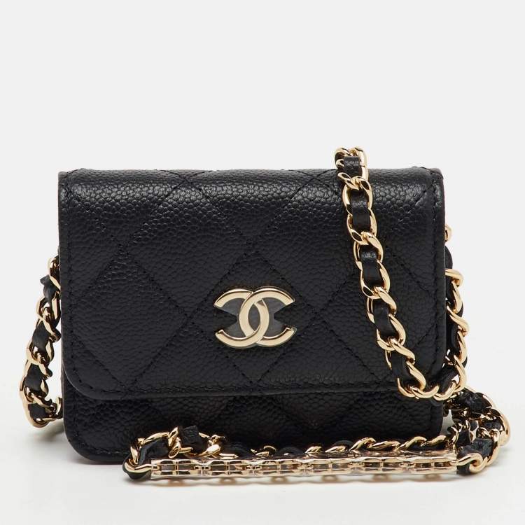 Pre Owned Chanel Black Quilted Caviar Leather CC Coin Purse on Chain