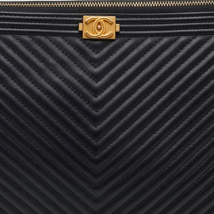 Pre Owned Chanel Black Leather Boy Chevron Large O-Case Zip Pouch