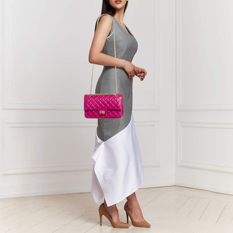 Pre Owned Chanel Fuchsia Quilted Aged Leather Reissue 2.55 Classic 225 Flap Bag