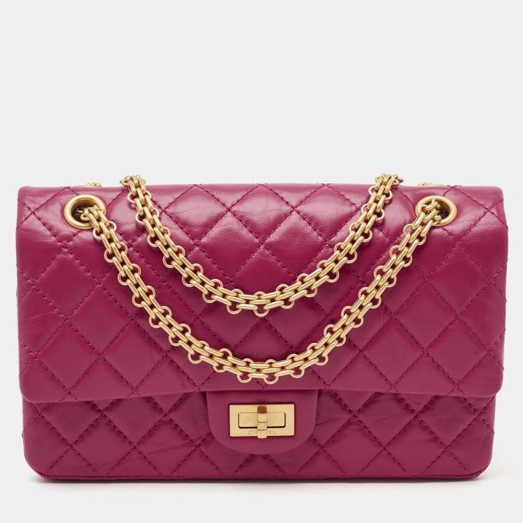 Pre Owned Chanel Fuchsia Quilted Aged Leather Reissue 2.55 Classic 225 Flap Bag