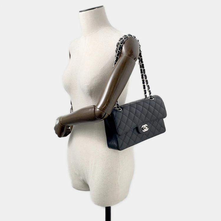 Pre Owned Chanel Classic Double Flap Black Caviar Leather Shoulder Bag
