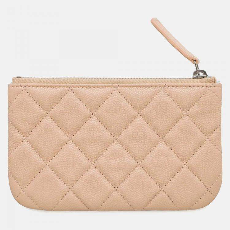 Pre Owned Chanel CC Logo Mini Beige Caviar Leather Pouch Bag