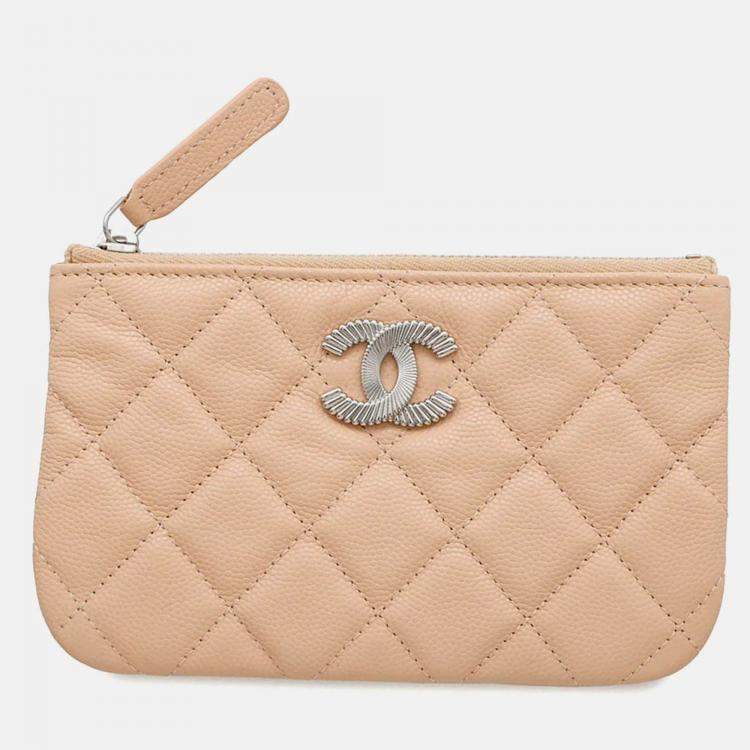 Pre Owned Chanel CC Logo Mini Beige Caviar Leather Pouch Bag
