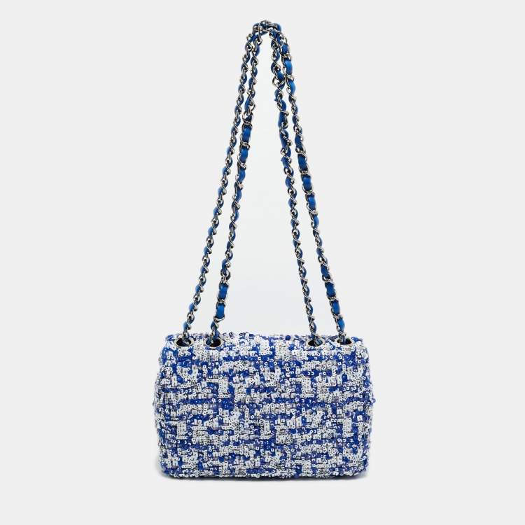 Pre Owned Chanel Blue/White Sequins Small Classic Flap Bag