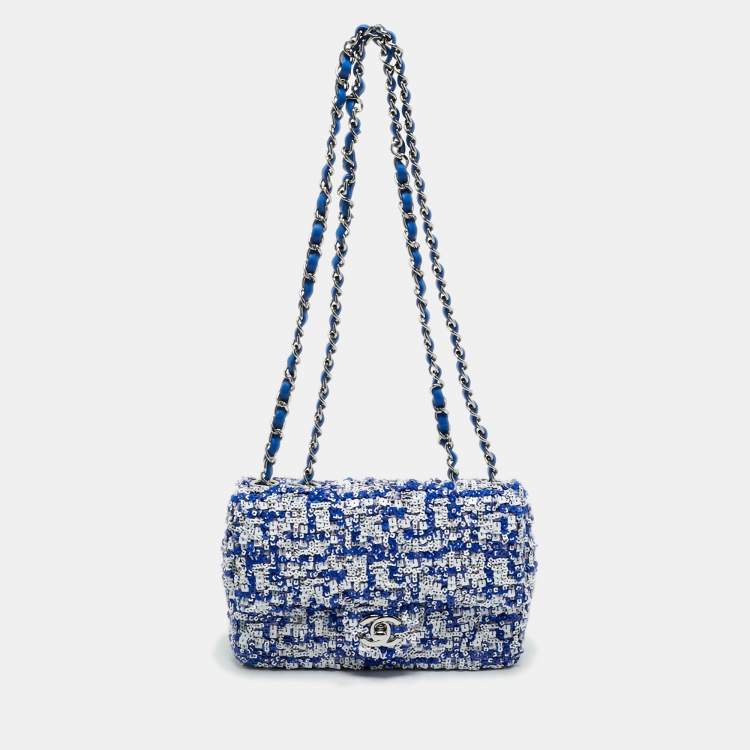 Pre Owned Chanel Blue/White Sequins Small Classic Flap Bag