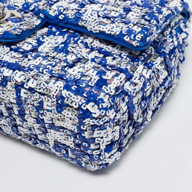 Pre Owned Chanel Blue/White Sequins Small Classic Flap Bag