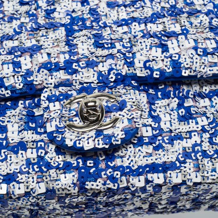 Pre Owned Chanel Blue/White Sequins Small Classic Flap Bag