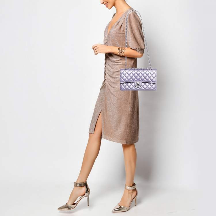 Pre Owned Chanel Metallic Purple Quilted Leather Medium Classic Double Flap Bag