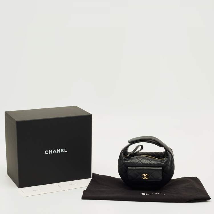 Pre Owned Chanel Black Quilted Caviar Leather Mini Round Hobo