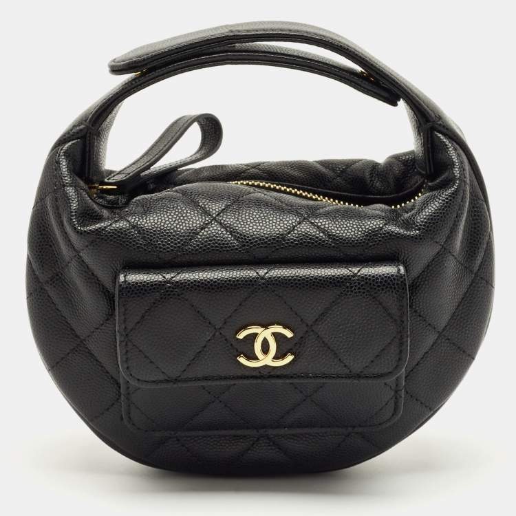 Pre Owned Chanel Black Quilted Caviar Leather Mini Round Hobo