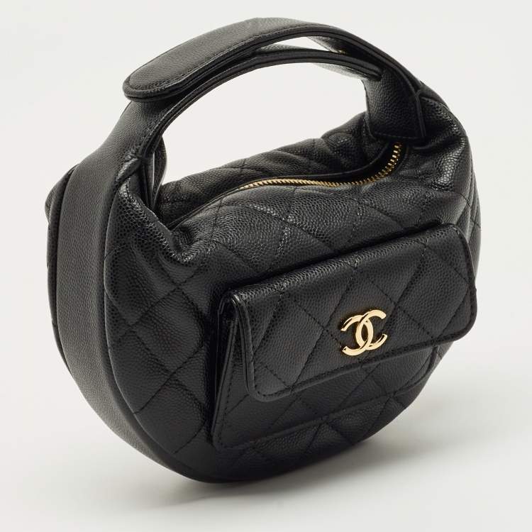 Pre Owned Chanel Black Quilted Caviar Leather Mini Round Hobo