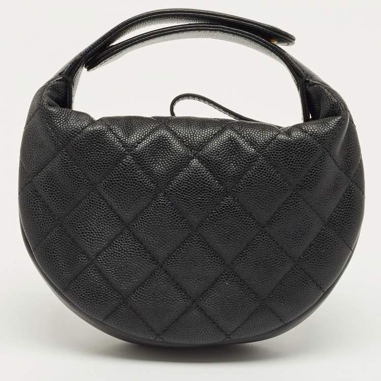 Pre Owned Chanel Black Quilted Caviar Leather Mini Round Hobo