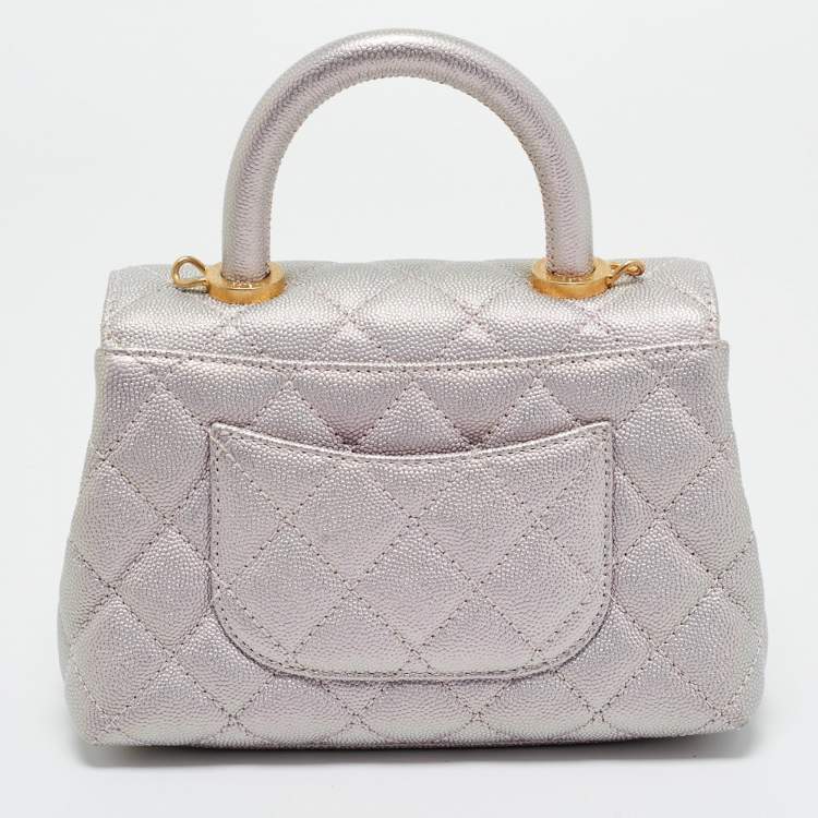 Pre Owned Chanel Pink Iridescent Quilted Caviar Leather Extra Mini Coco Top Handle Bag