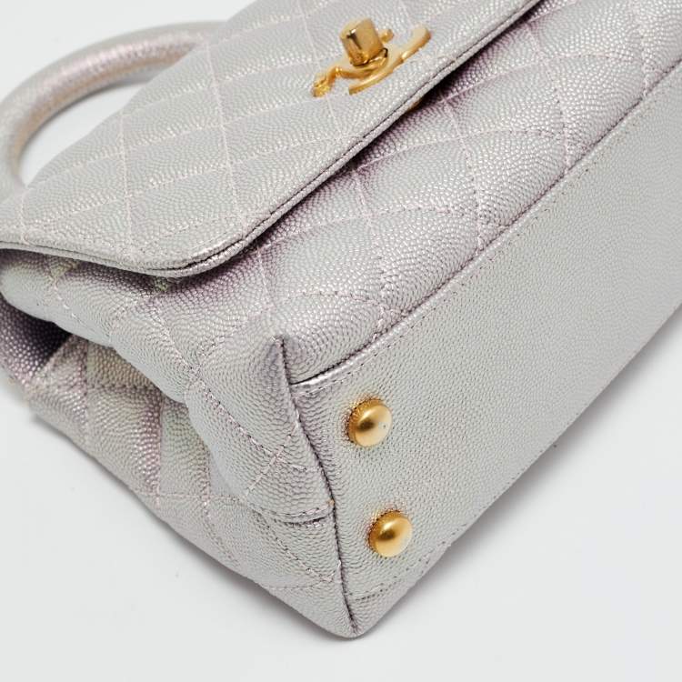Pre Owned Chanel Pink Iridescent Quilted Caviar Leather Extra Mini Coco Top Handle Bag