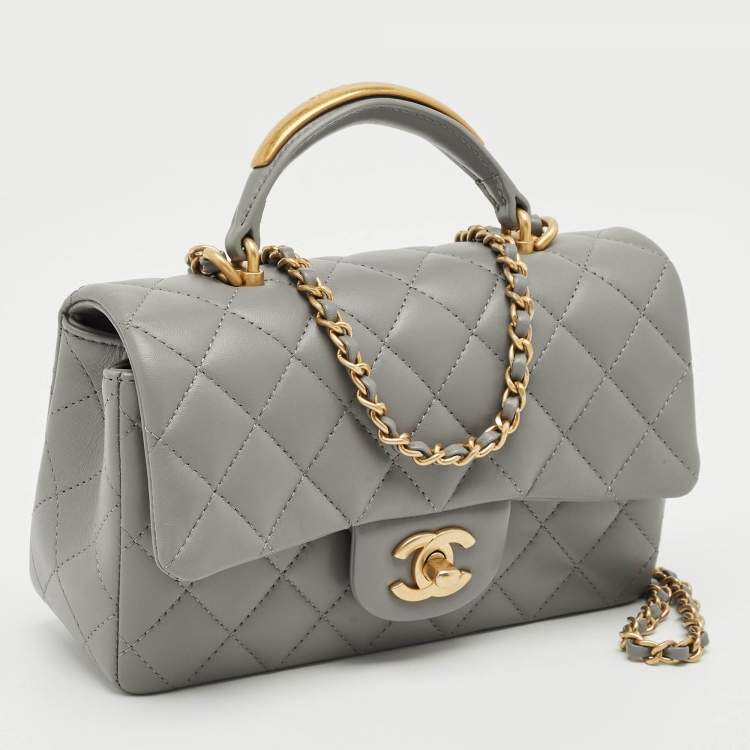 Pre Owned Chanel Grey Quilted Leather Mini Rectangular Flap Top Handle Bag