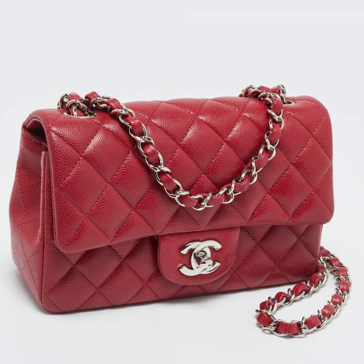 Pre Owned Chanel Red Quilted Caviar Leather Mini Classic Single Flap Bag
