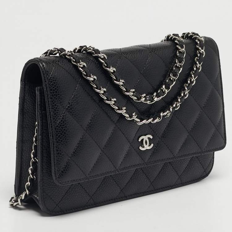 Pre Owned Chanel Black Quilted Caviar Leather Classic Wallet on Chain