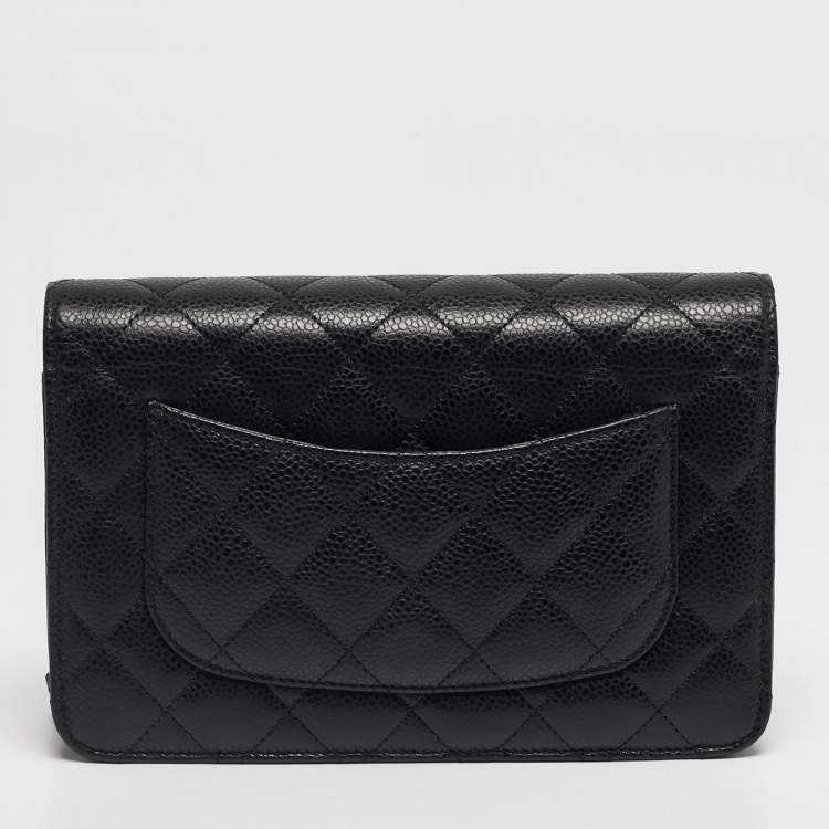 Pre Owned Chanel Black Quilted Caviar Leather Classic Wallet on Chain