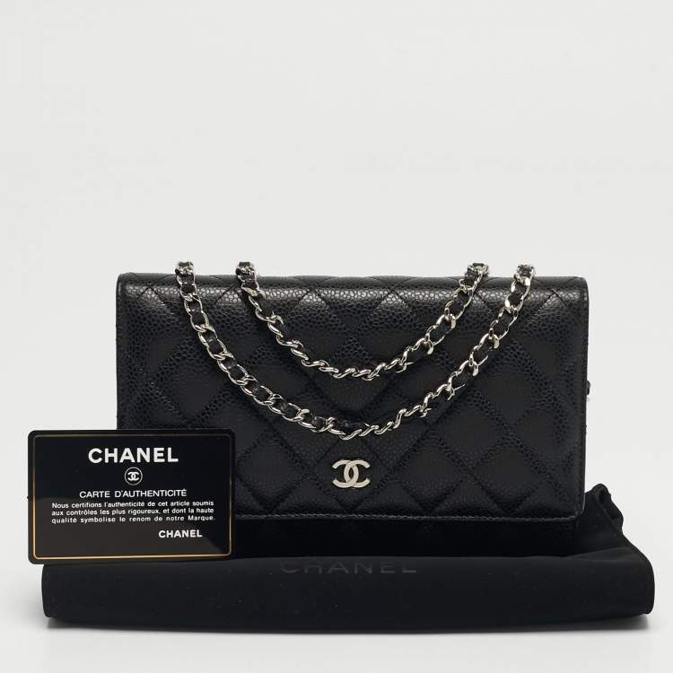Pre Owned Chanel Black Quilted Caviar Leather Classic Wallet on Chain