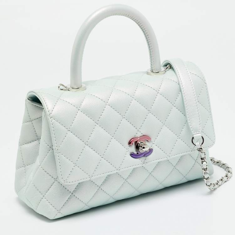 Pre Owned Chanel Blue Iridescent Quilted Caviar Leather Mini Coco Top Handle Bag