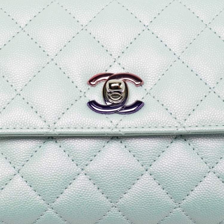 Pre Owned Chanel Blue Iridescent Quilted Caviar Leather Mini Coco Top Handle Bag