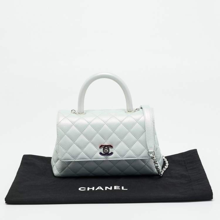 Pre Owned Chanel Blue Iridescent Quilted Caviar Leather Mini Coco Top Handle Bag