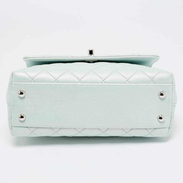 Pre Owned Chanel Blue Iridescent Quilted Caviar Leather Mini Coco Top Handle Bag