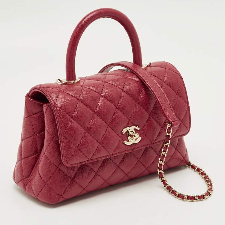 Pre Owned Chanel Red Quilted Caviar Leather Mini Coco Top Handle Bag