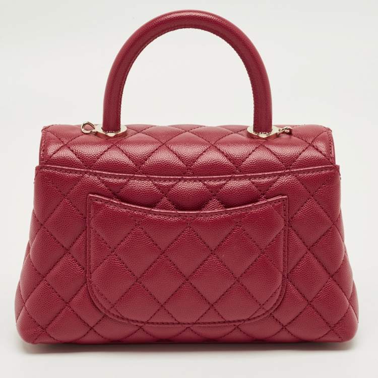 Pre Owned Chanel Red Quilted Caviar Leather Mini Coco Top Handle Bag
