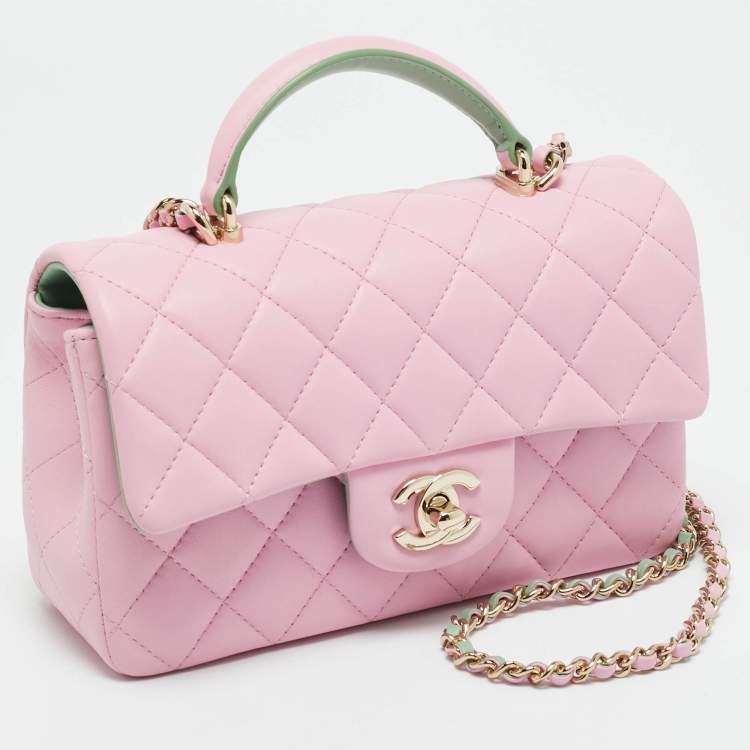 Pre Owned حقيبة شانيل جلد مبطن وردي/أخضر صغيرة مستطيلة بيد علوية
