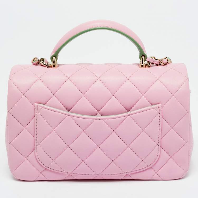 Pre Owned حقيبة شانيل جلد مبطن وردي/أخضر صغيرة مستطيلة بيد علوية