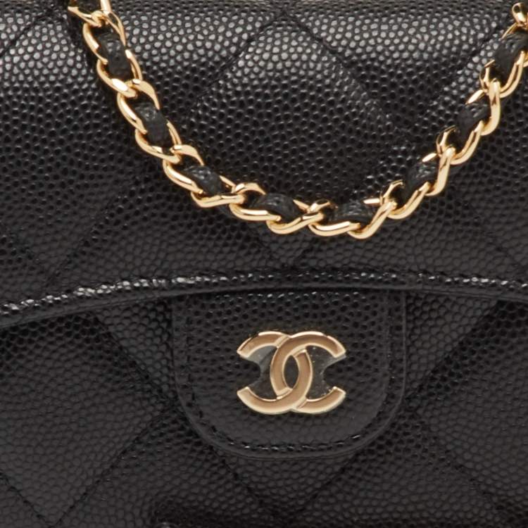 Pre Owned Chanel Mini Black Quilted Caviar Leather Wallet On Chain