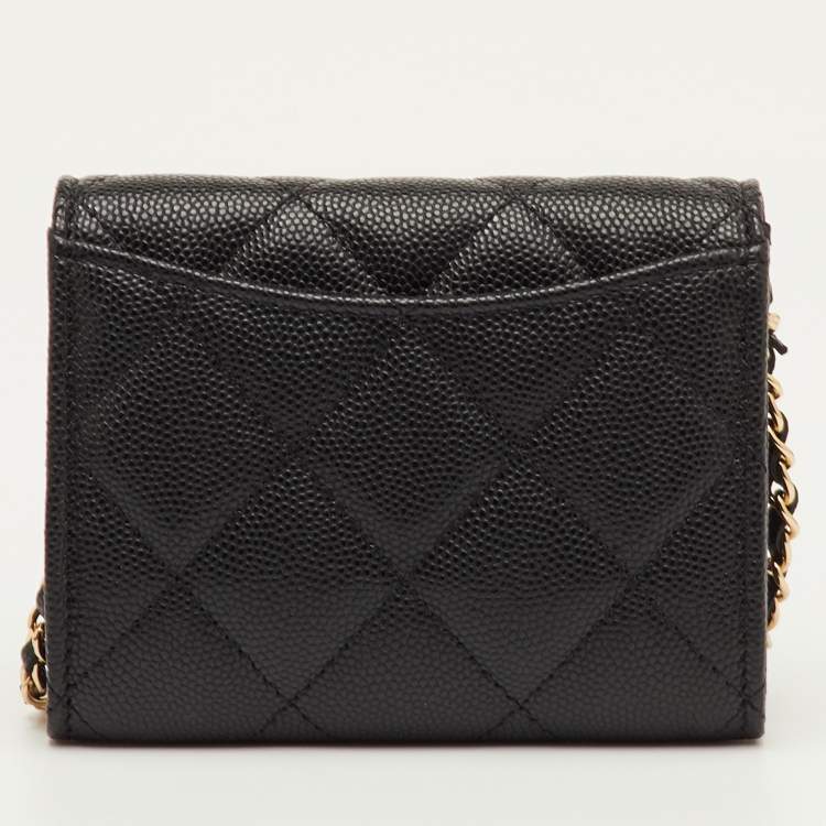 Pre Owned Chanel Mini Black Quilted Caviar Leather Wallet On Chain