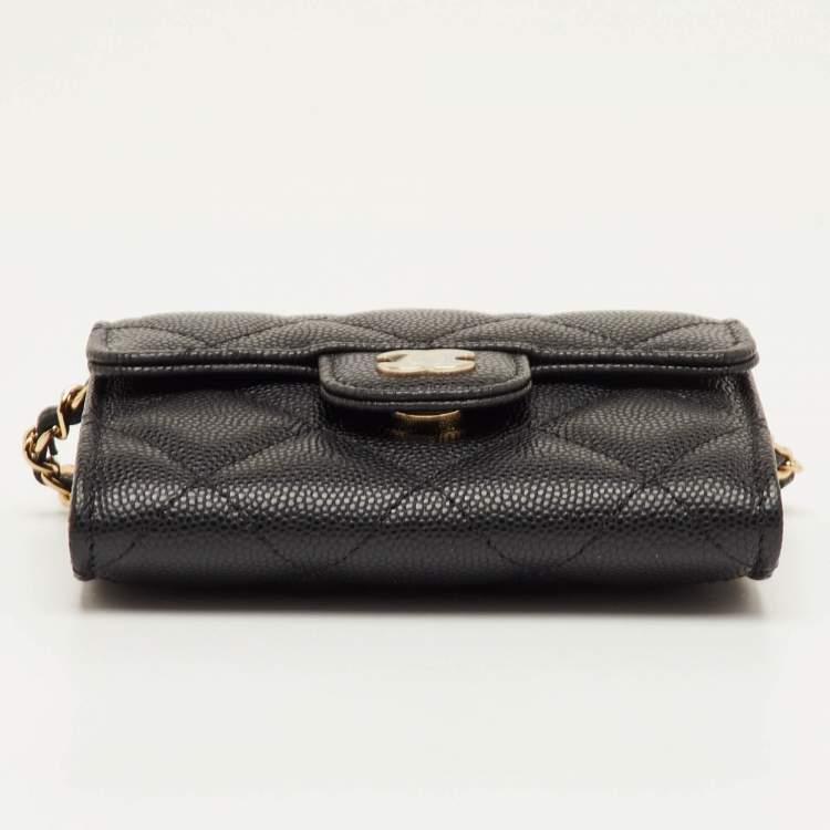 Pre Owned Chanel Mini Black Quilted Caviar Leather Wallet On Chain