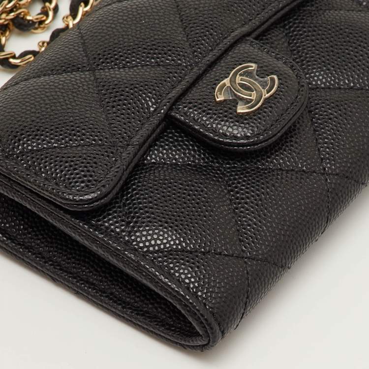 Pre Owned Chanel Mini Black Quilted Caviar Leather Wallet On Chain