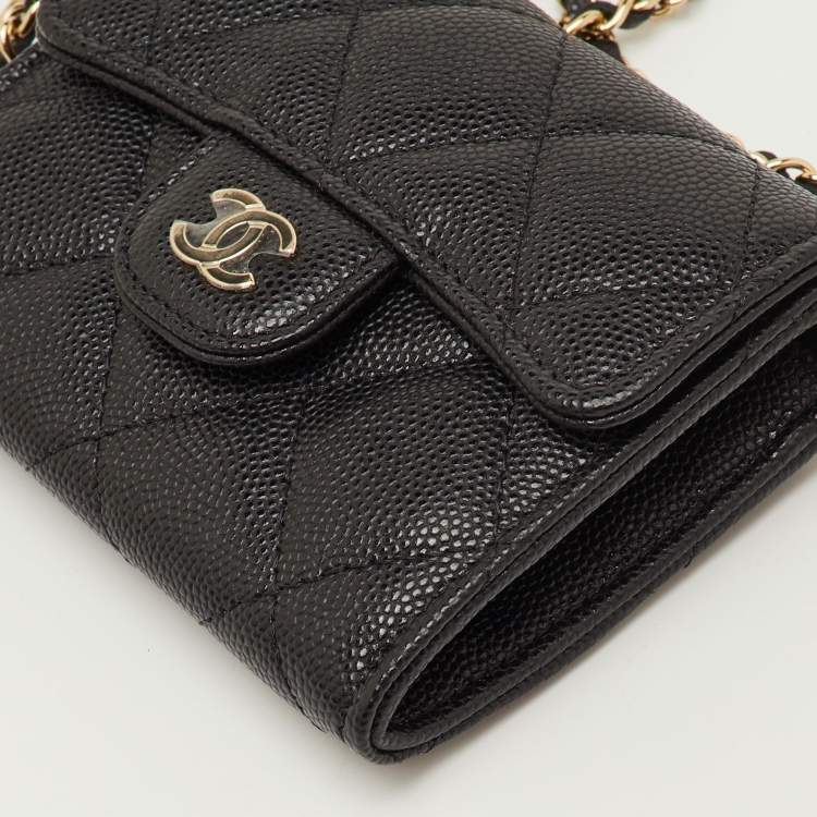 Pre Owned Chanel Mini Black Quilted Caviar Leather Wallet On Chain