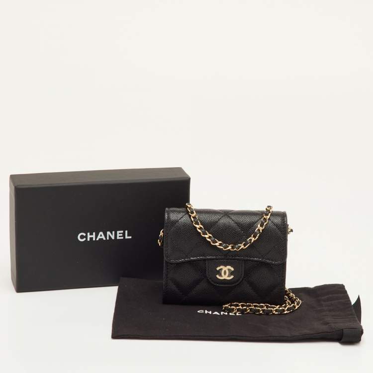 Pre Owned Chanel Mini Black Quilted Caviar Leather Wallet On Chain