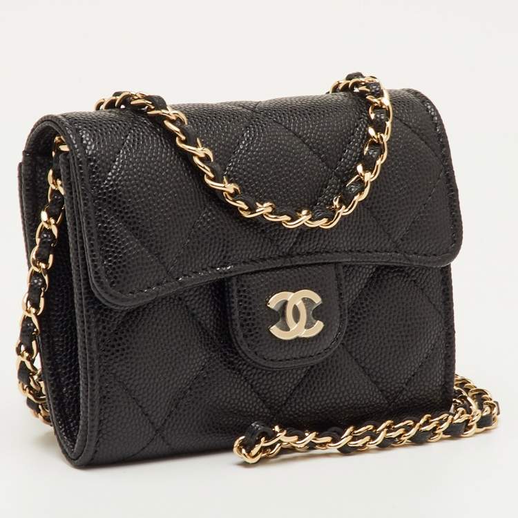 Pre Owned Chanel Mini Black Quilted Caviar Leather Wallet On Chain