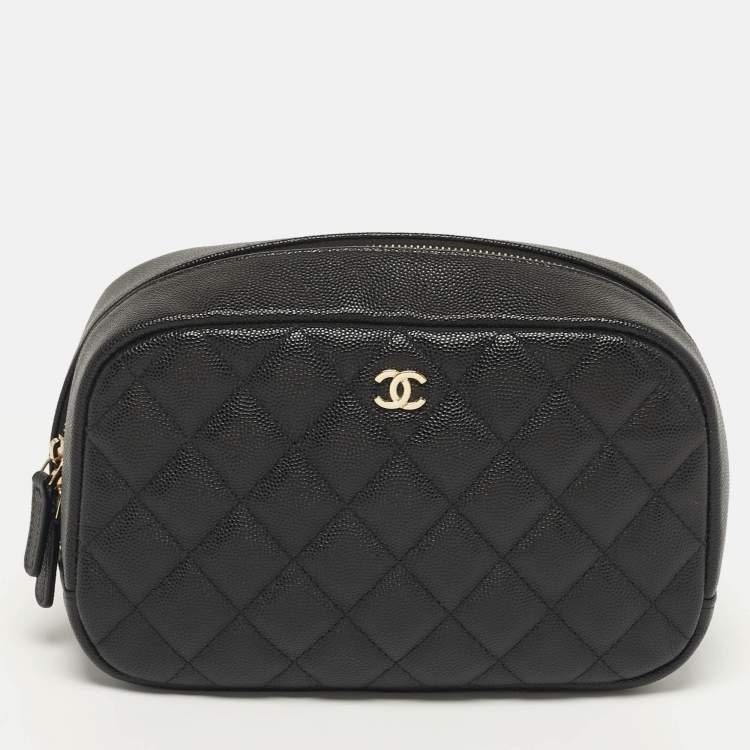 Pre Owned Chanel Medium Black Quilted Caviar Leather Curvy Cosmetic Case