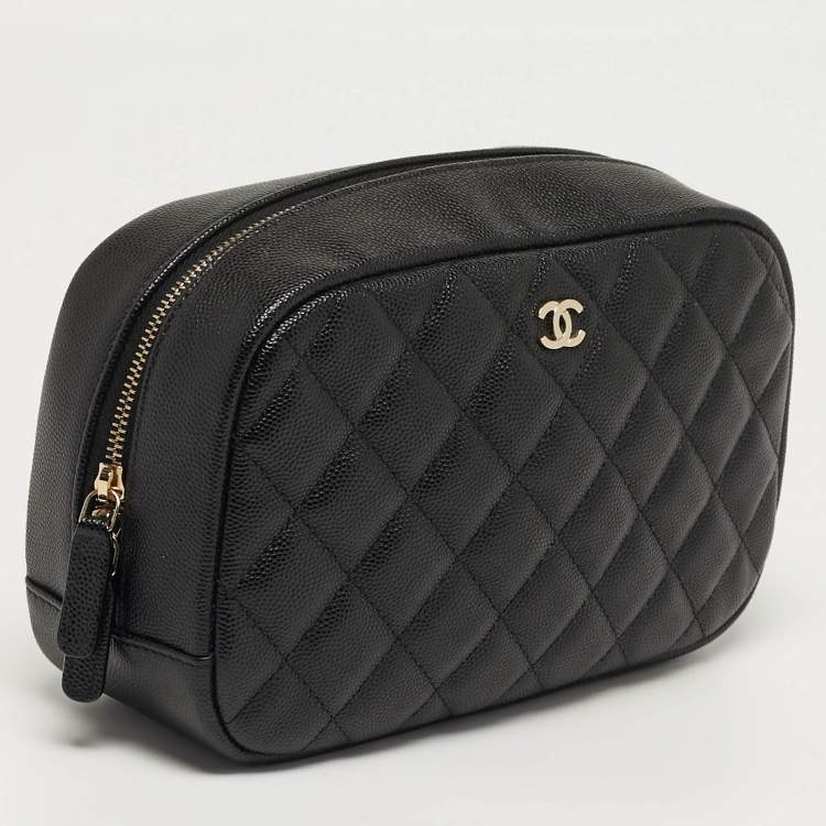 Pre Owned Chanel Medium Black Quilted Caviar Leather Curvy Cosmetic Case