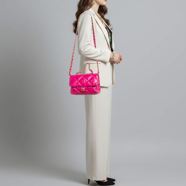 Pre Owned Chanel Small Fuchsia Quilted Leather Chain Top Handle Bag