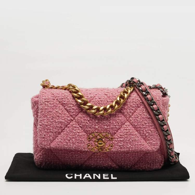 Pre Owned Chanel 19 Small Pink Quilted Tweed Flap Bag