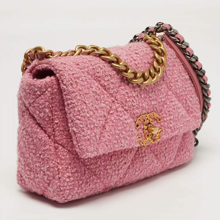 Pre Owned Chanel 19 Small Pink Quilted Tweed Flap Bag