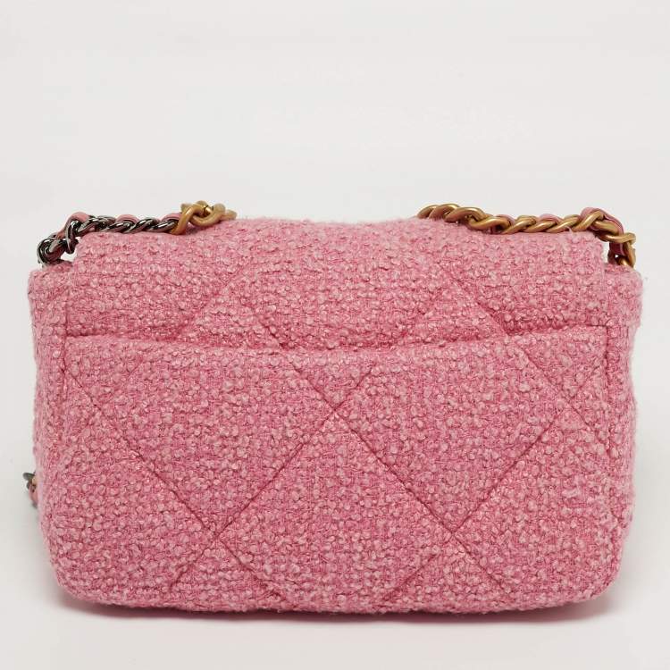 Pre Owned Chanel 19 Small Pink Quilted Tweed Flap Bag