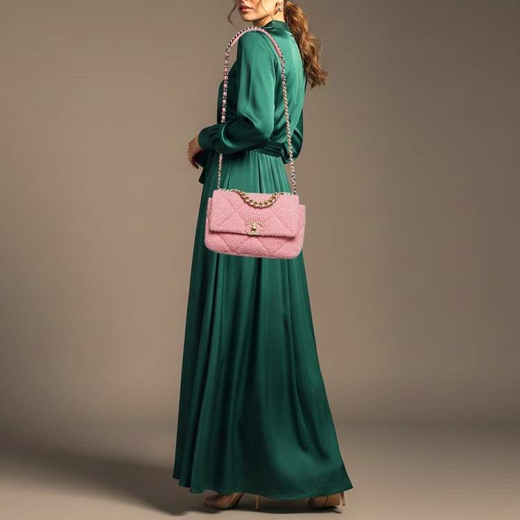 Pre Owned Chanel 19 Small Pink Quilted Tweed Flap Bag