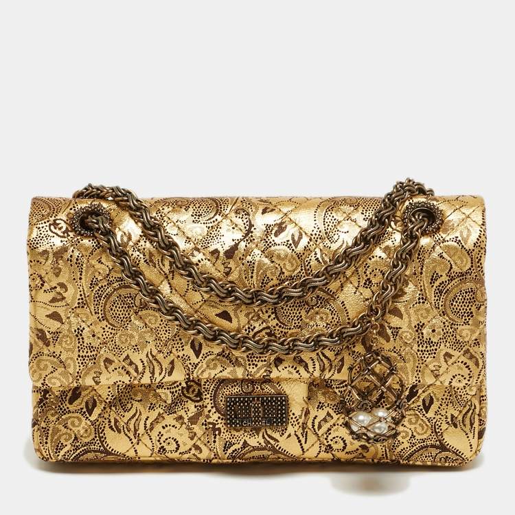 Pre Owned Chanel 2.55 Reissue 225 Gold Brocade Lace Painted Quilted Leather Flap Bag