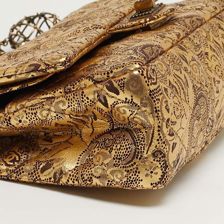 Pre Owned Chanel 2.55 Reissue 225 Gold Brocade Lace Painted Quilted Leather Flap Bag
