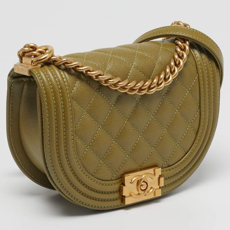 Pre Owned Chanel Boy Small Green Quilted Caviar Leather Messenger Bag