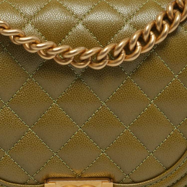 Pre Owned Chanel Boy Small Green Quilted Caviar Leather Messenger Bag