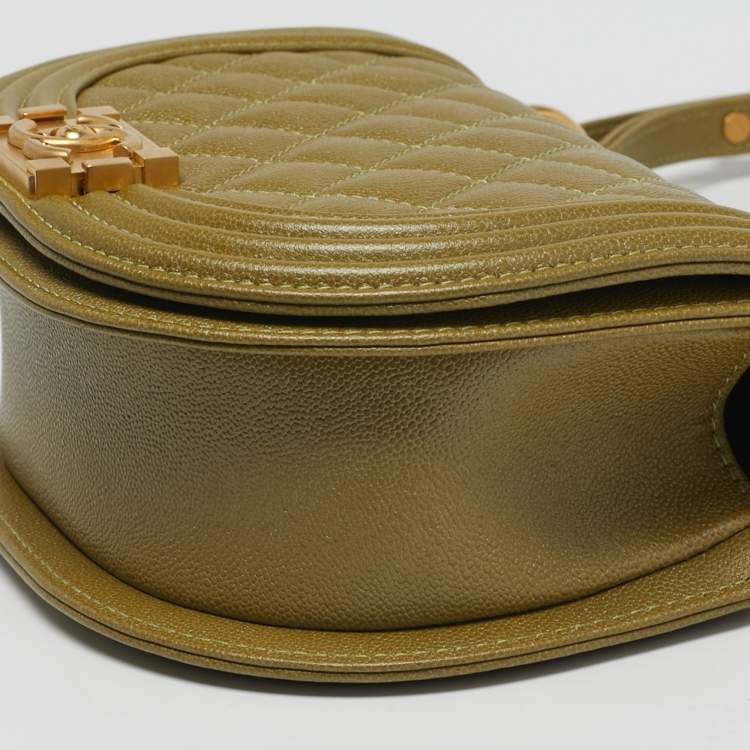 Pre Owned Chanel Boy Small Green Quilted Caviar Leather Messenger Bag